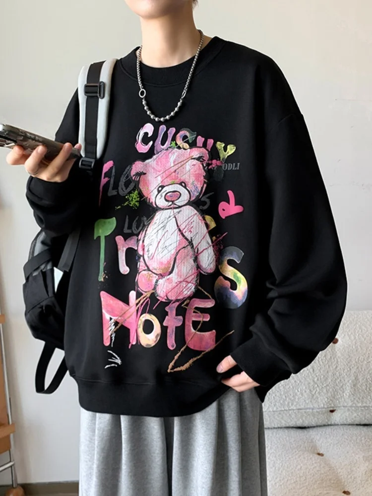 

Cartoon Print Couple Hoodies Spring Autumn Loose Fit Oversize round Neck Jacket for Teenagers Casual Wear American Style