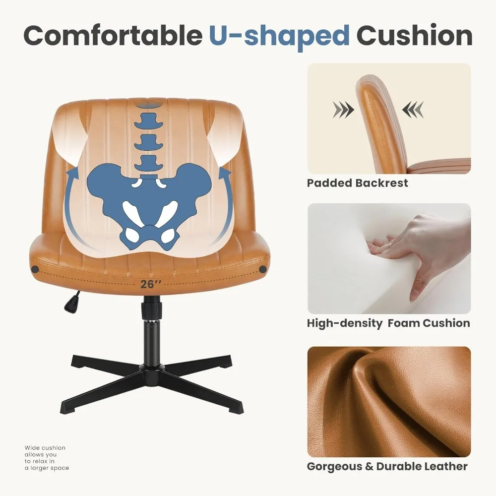 Wide Cross Legged Office Desk Chair, PU Leather Armless Adjustable Swivel Chair for Home Computer Task Brown