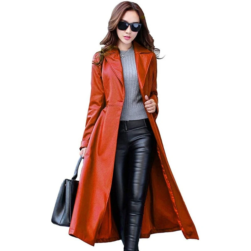 Women Genuine Lambskin Handmade Leather Long Trench Coat Overcoat Stylish Orange