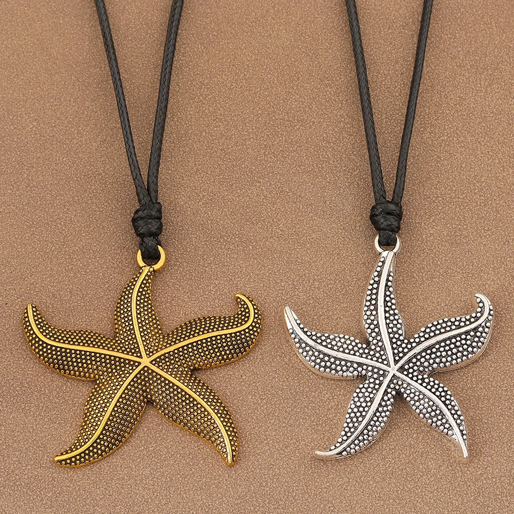 1 X Antique Gold Silver Starfish Pendant Black Rope Necklace, Adjustable Wax Cord Ocean Theme Long Necklaces, Bohemian  Style