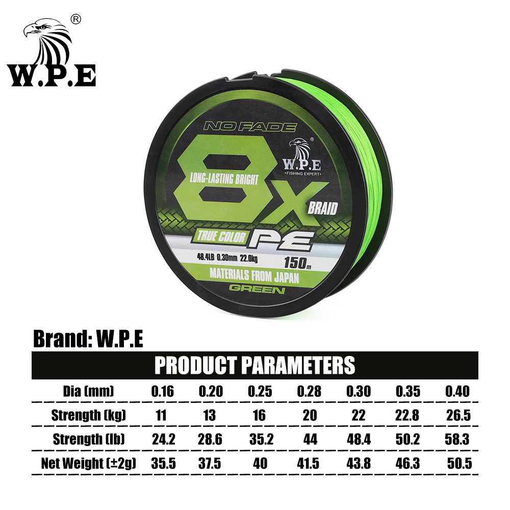 W.P.E 8X 150m PE Linha De Pesca 0.16-0.40mm 11-26.5kg 24.2-58.3lb Verde 8 Vertentes Linha De Pesca Trançada Carpa Pesca Tackle Pesca