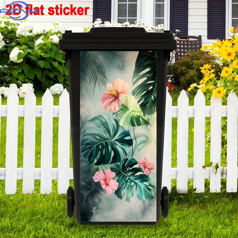 Misty Ambiance Stickers Decoration, Large Green Leaves Stickers, Modern Trash Can Stickers, Abstract Trash Can Sticker, Pink H