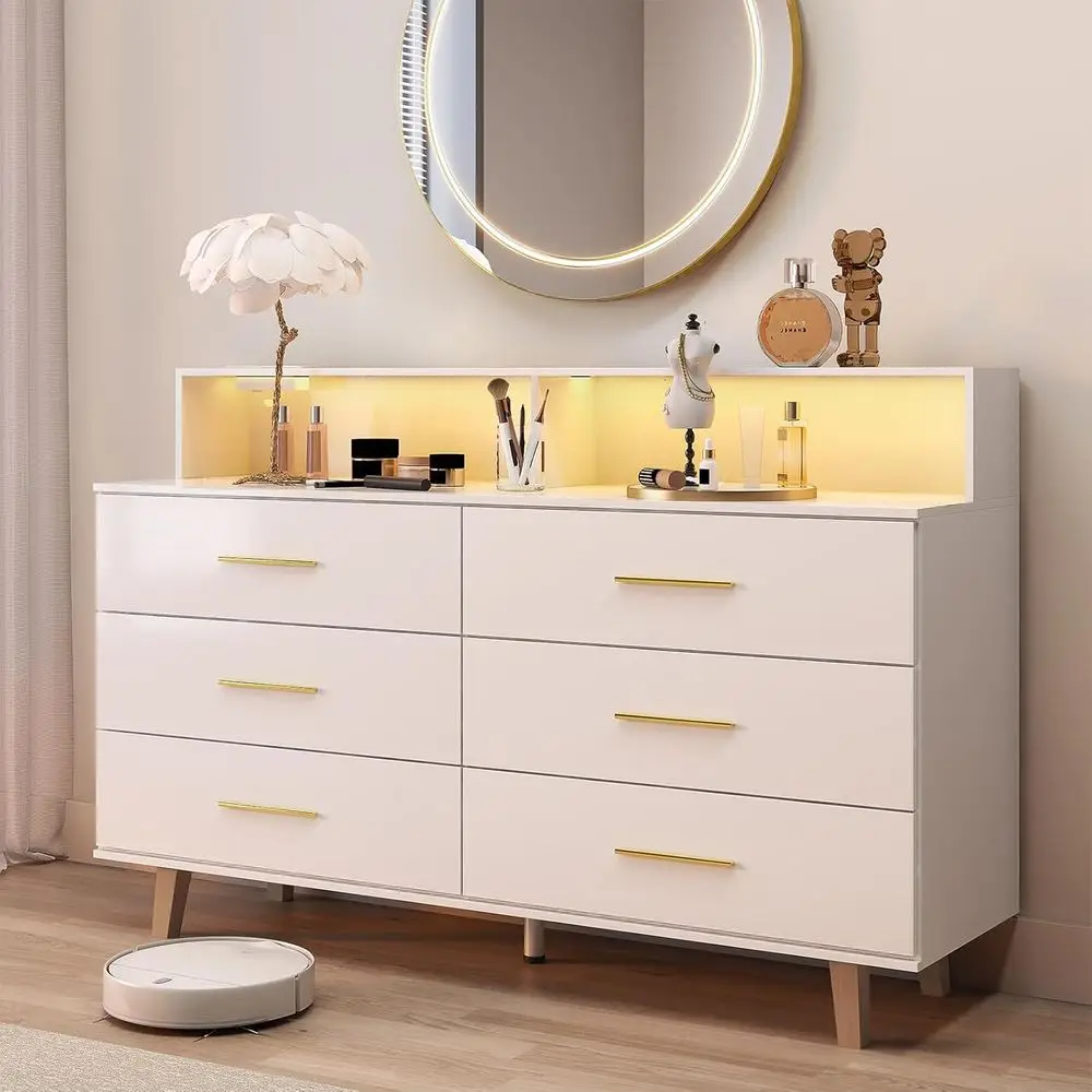Cómoda de 6 Cajones con Luz LED y Enchufe, Cómodas de Madera Blancas para Dormitorio o Armarios, Cómoda Doble Grande para Dormitorio, Entrada