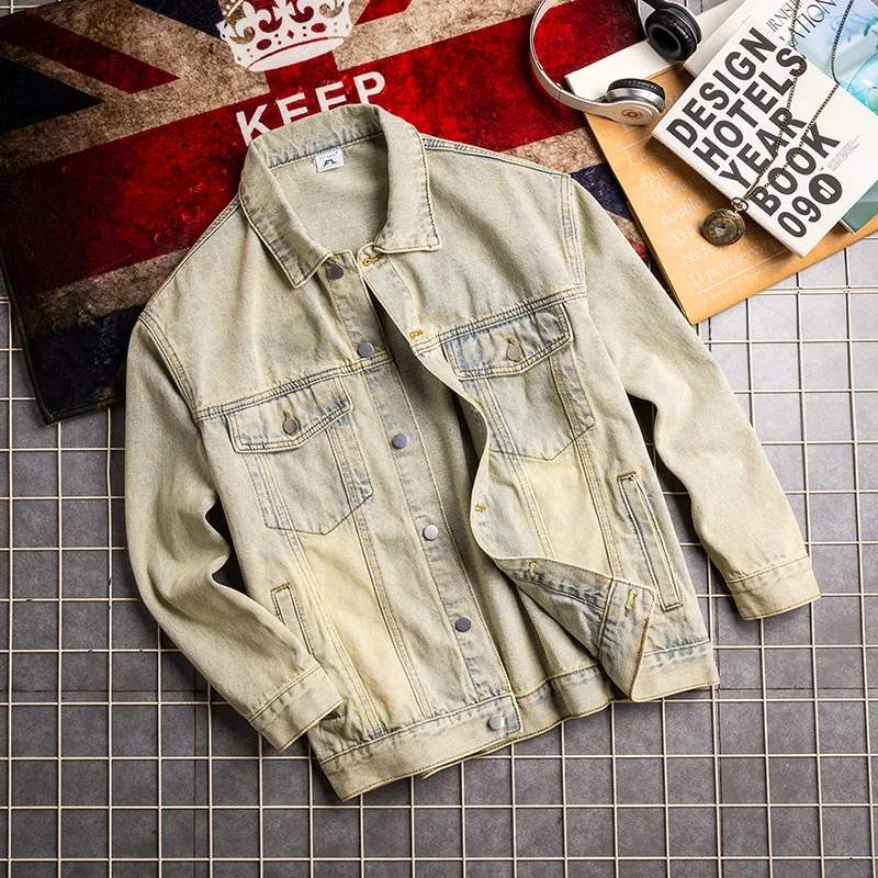 

Retro American Yellow Mud Color Men's Jeans Jacket Loose Workwear Jacket New Style Spring Autumn Casual Top Windproof Cotton ...