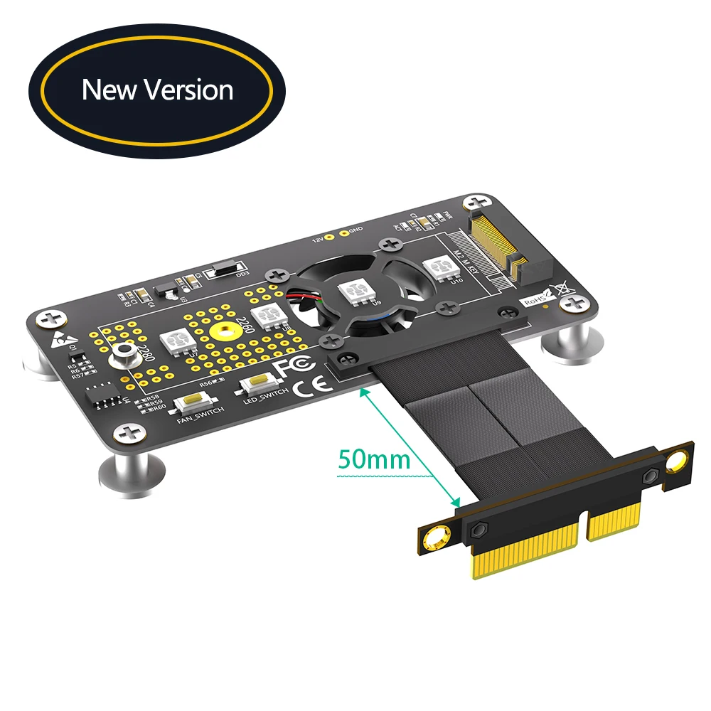 3 in 1 Combo M.2( NGFF) NVME M-key SSD to PCI- E 4X 1X Extension Cable With Cooling Fan and Automatic Discoloration LED