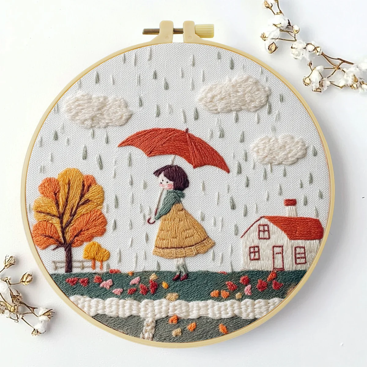 1 Stück 20X20CM/15X15CM 7,87/6,3 Zoll Ein kleines Mädchen, das an einem regnerischen Tag einen Regenschirm hält Taschen-Stickerei-Starter-Kit DIY-Kit Heimdekoration – Detail 2