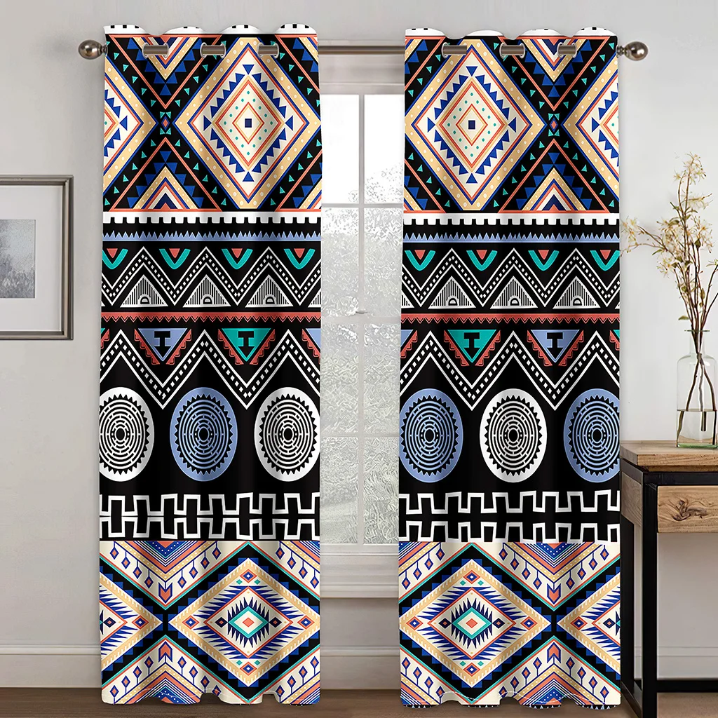 

Black White Ethiopian Traditional Design Pattern Shade Curtains 2 Panels Bohemian Style Living Room Bedroom Home Decor Curtains