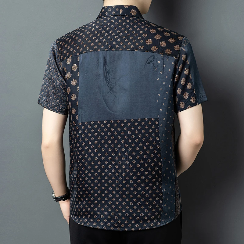 Geniune Silk 100% Print Shirts For Men Short Sleeve Skin-Friendly Summer Quality Gambiered Canton Gauze Design Camisas De Hombre