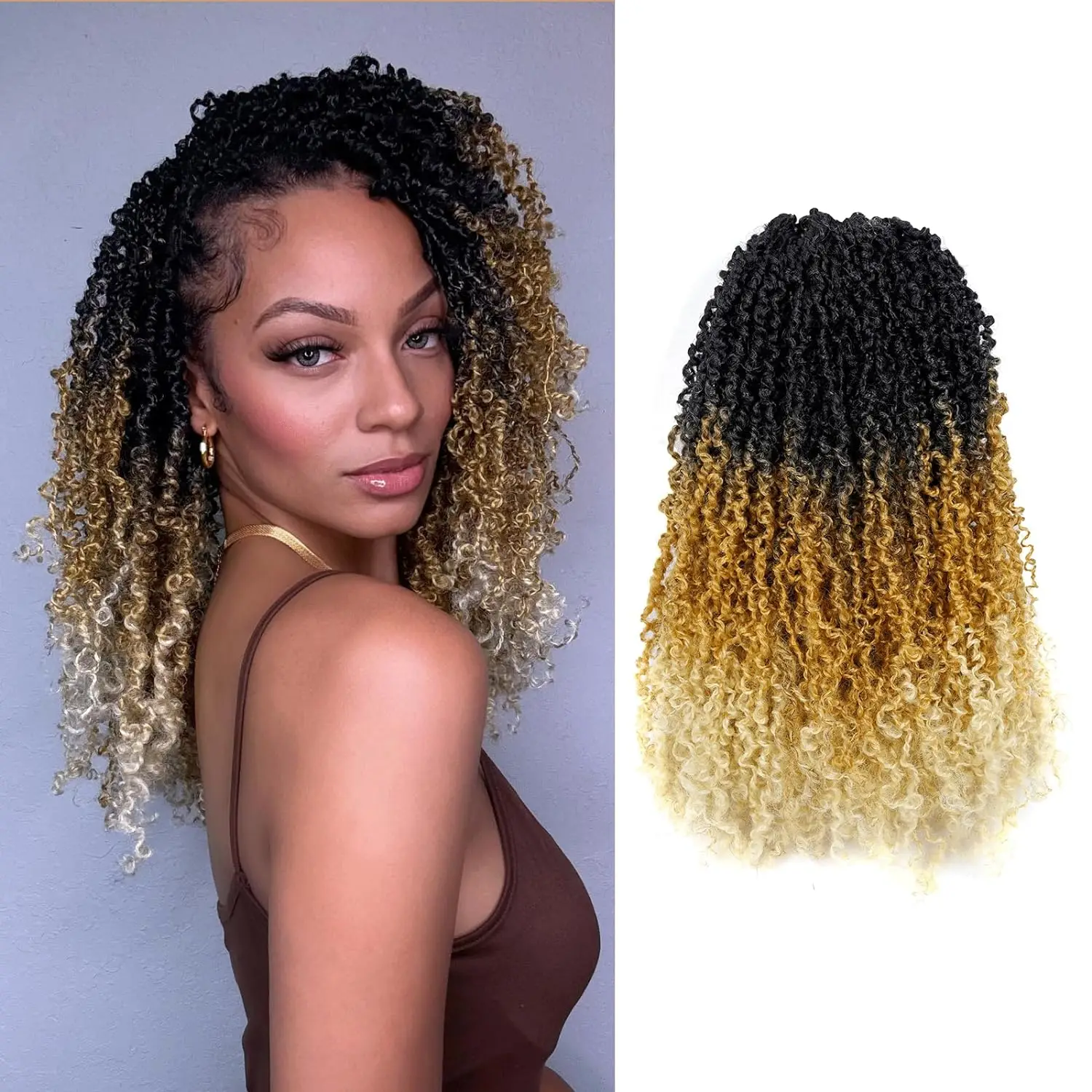 8-14Inch Black Pre-looped Yanky Twists Crochet Braids Ombre Brown Bohemian Spring Twists Hair with Curls Synthetic Extensions