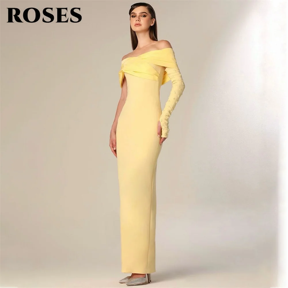 

ROSES Pale Yellow Prom Dresses Off Shoulder Gala Dresses Asymmetric Sleeve Saudi Arabic Mermaid Evening Party Gown Customized