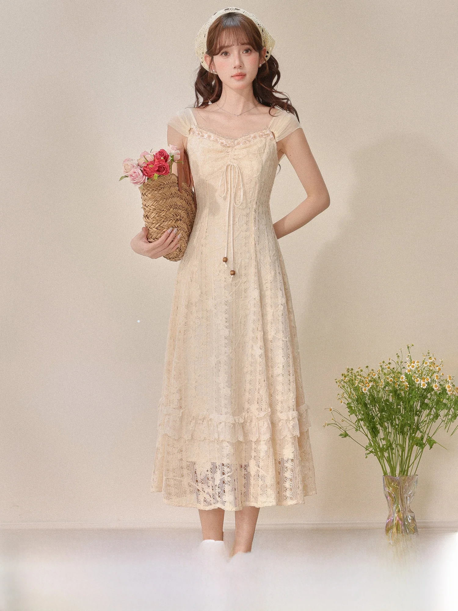 

Летнее кружевное платье персикового цвета в стиле французского шика, новинка, красивое длинное платье с эффектом коррекции талии из полиэстера