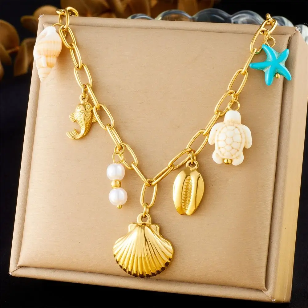 

Fashion Starfish Pendant Necklace Shell Stainless Steel Clavicle Chain Waterproof Handmade Ocean Style Accessories for Women