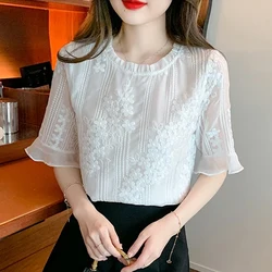 Summer Short Sleeve Blouse Women White Lace Blouse Shirt Tops Women Blusas Mujer De Moda 2024 Blouses Shirts F2307