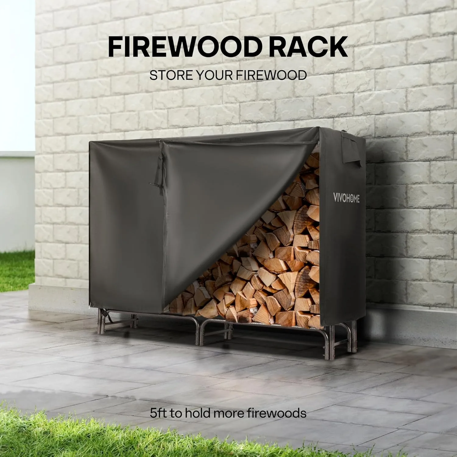 5ft Heavy Duty Indoor Outdoor Firewood Storage Log Rack with Cover Combo Set Black（13.8