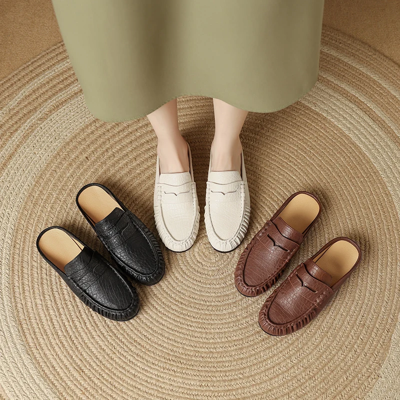 2026 new spring summer women pumps natural leather plus size 22-26.5cm Stone patterned cowhide+pigskin women shoes slipper