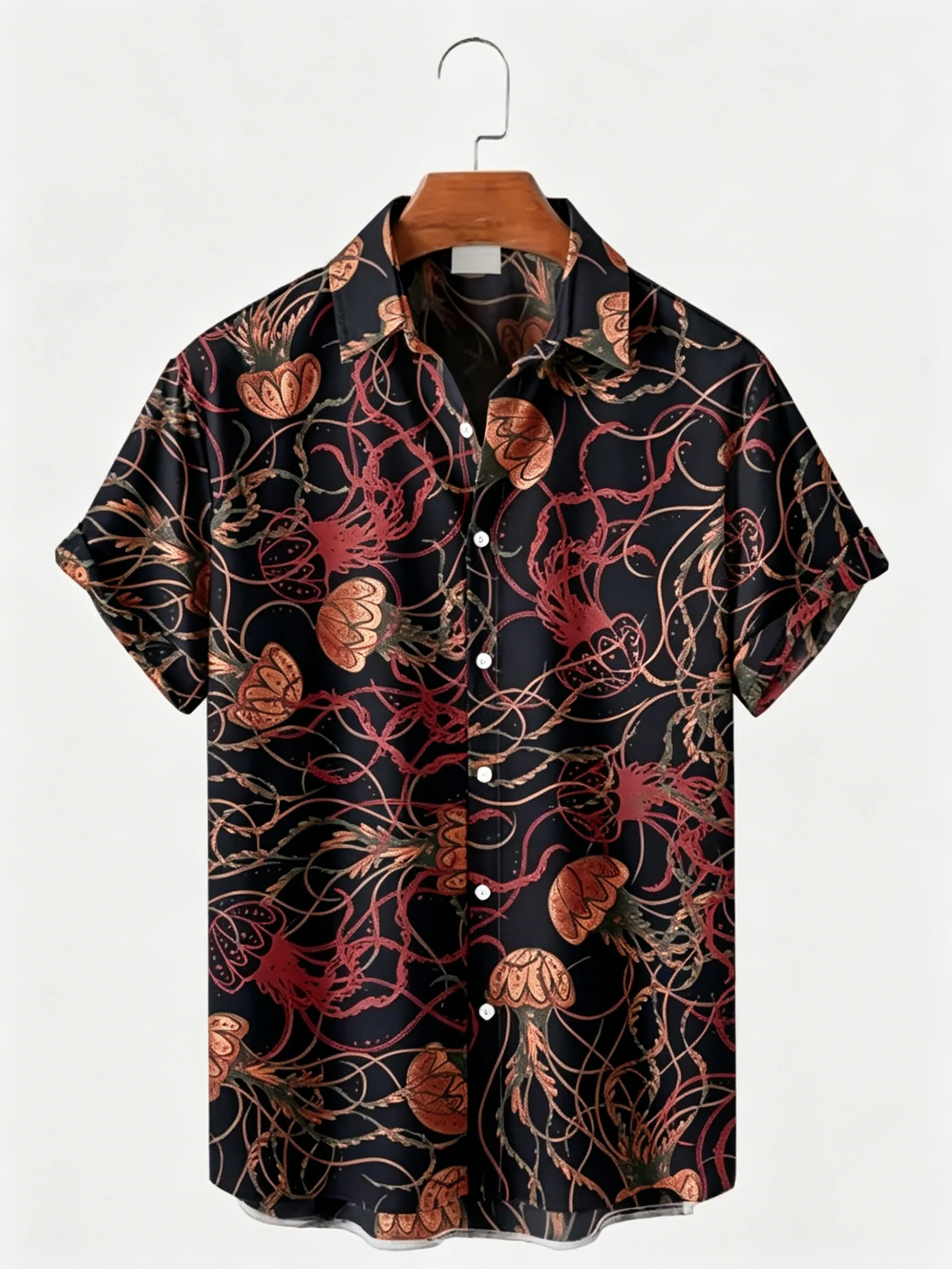

Men's Spring Summer Lapel Shirt, Black Ocean Jellyfish Print Casual Tops for Daily Vacation Beach Street Outfit