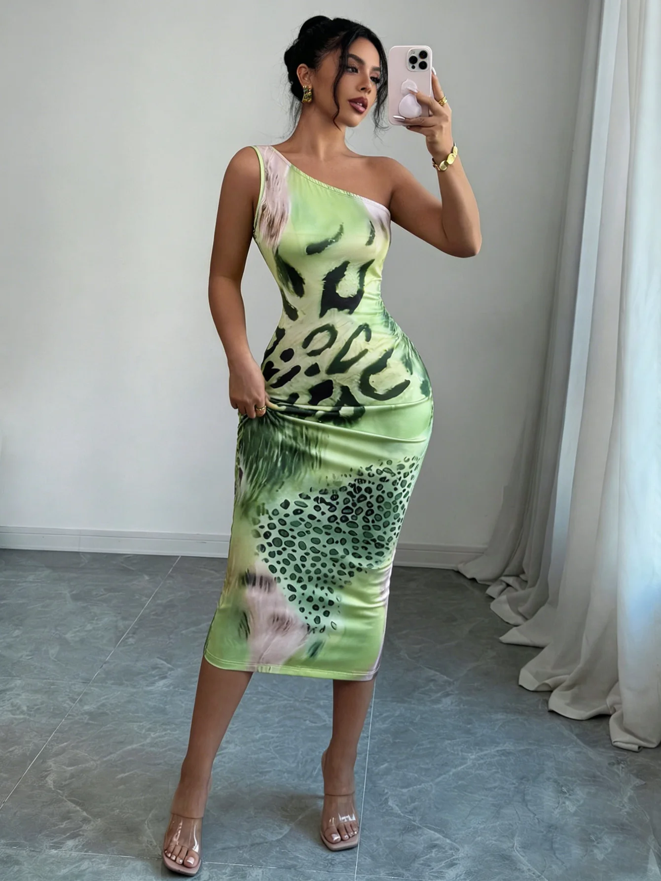 

Макси-платье женское весенне-летнее, зеленое, с эффектом тай-дай, на одно плечо, с драпировкой, облегающее, сексуальное, модное, для клуба, вечеринок и свиданий