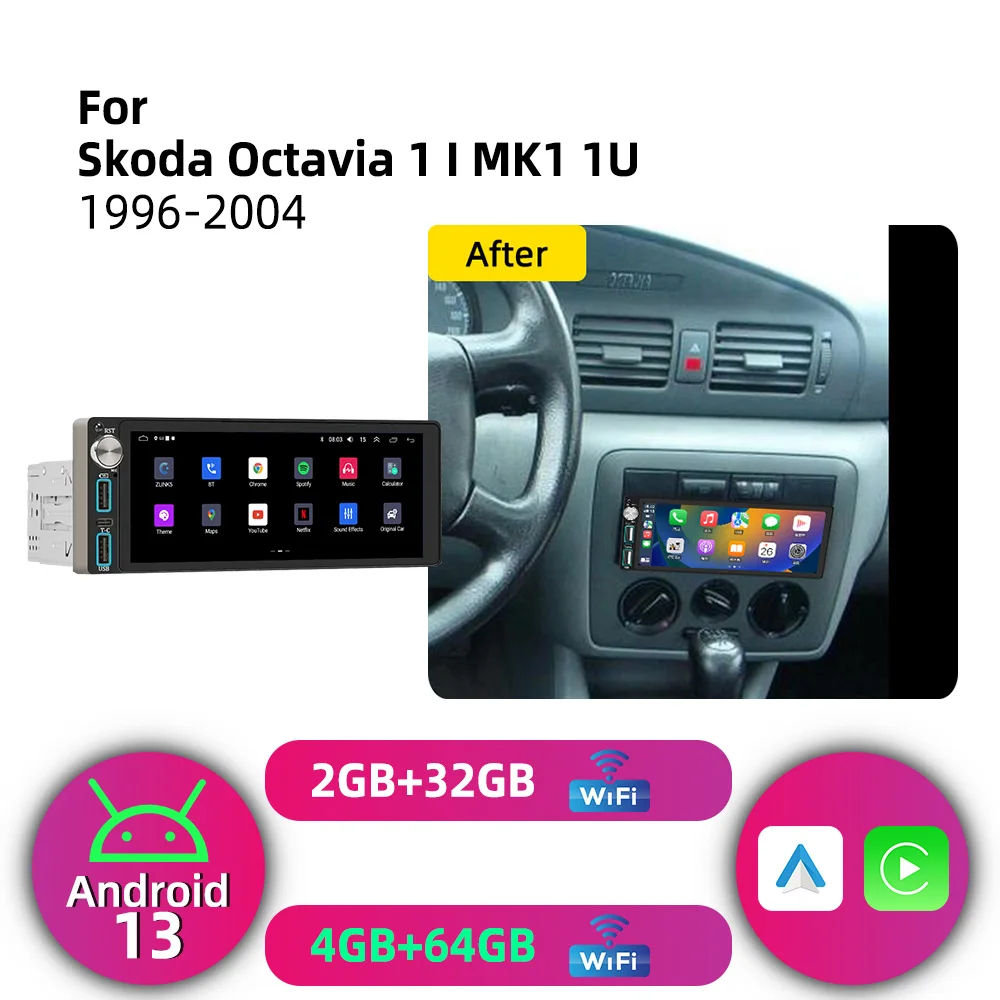 Carplay Android for Skoda Octavia 1 I MK1 1U 1996-2004 1Din Car Stereo 6.86 Screen GPS Navigation Multimedia Autoradio Radio