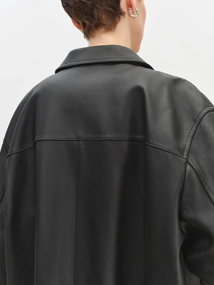 Clássico preto couro genuíno blazer jaquetas para mulheres primavera outono high-end simples único breasted solto casaco de couro de vaca real