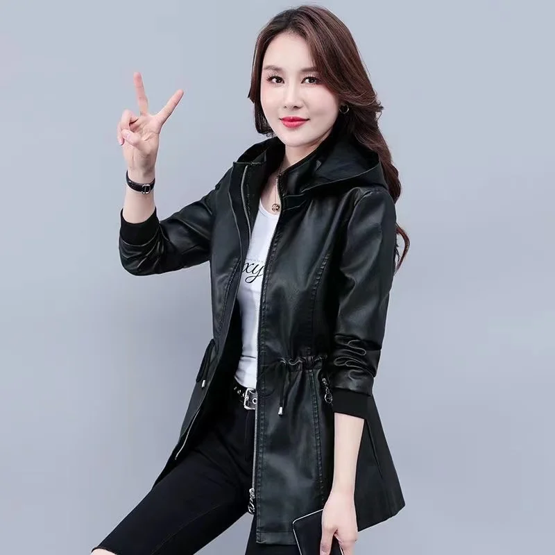 Women Jacket Black PU Faux Leather Jackets 2023 New Zipper Basic Coat Turn-down Collar Hooded Motor Biker Jacket Outerwear