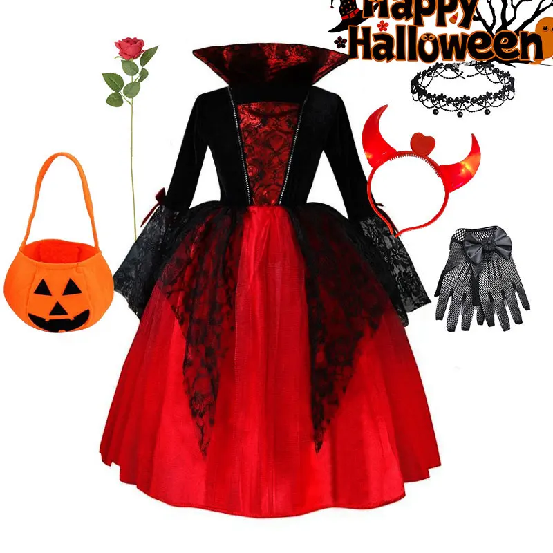 2025 Halloween Vampire Disguise Apparel Girls Costume Vinatge Nostalgic Kid Princess Dress Children All Saint's Day Outfit Frock