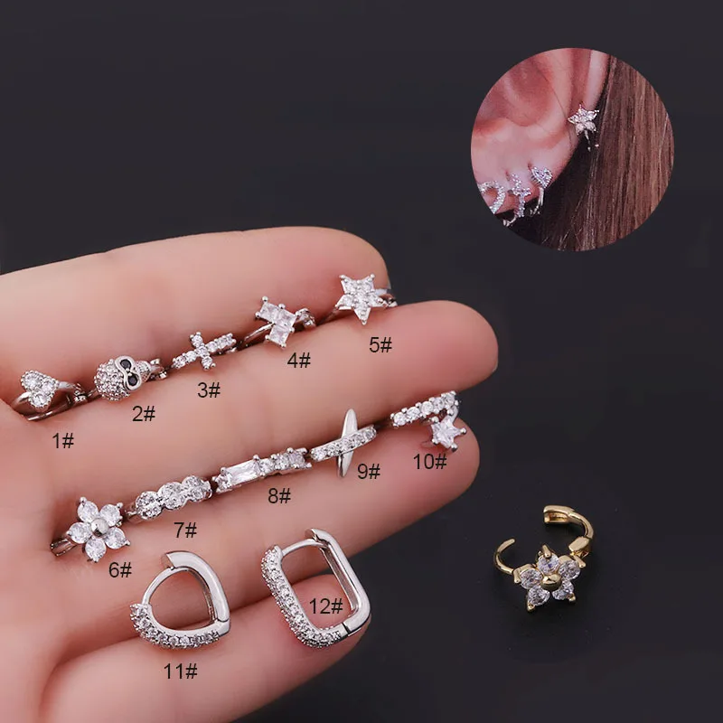 1Piece Stainless Steel Hoop Earrings Crystal Heart Cross Zircon Stone Tiny Huggies Minimal Round Circle Earring Piercing Jewelry