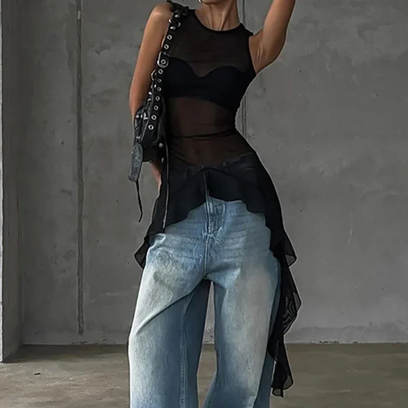 

DSMTRC Women Mesh See Through Ruffles T shirt Fashion Sleeveless Streamer Splice Tops Solid Slim Color Sexy T shirts 2025 Summer