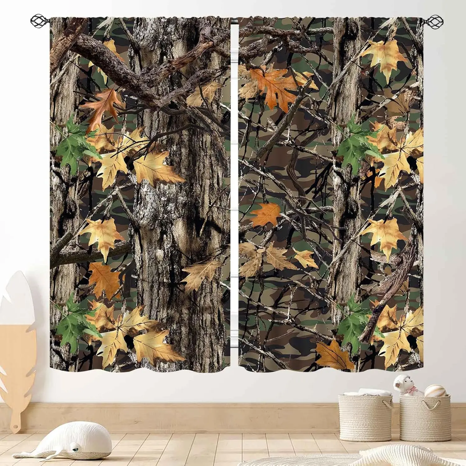 Camo Tree Curtains, Rustic Realistic Forest Oak Leaf Camouflage Hunting Theme Country Cabin Lodge Cottage Wildlife WindowDrapery