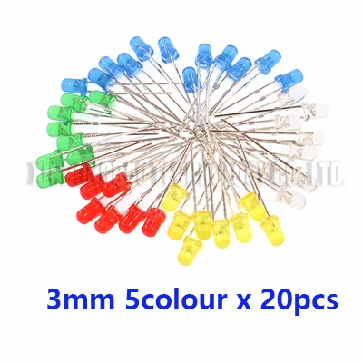 100 Stks/partij 3Mm 5Mm Led Rood Groen Geel Blauw Wit F3 F5