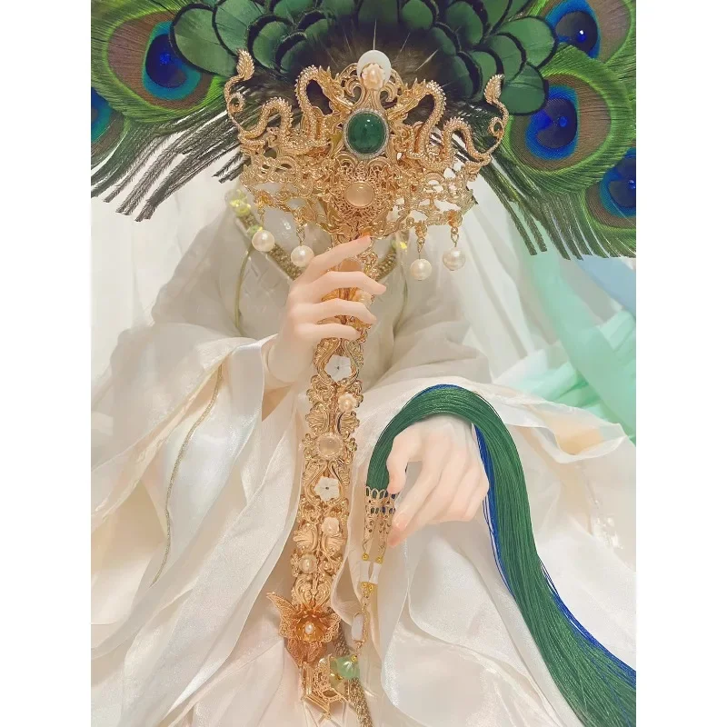 

Customized Exile Immortal Residence Original Peacock Feather Fan Like Dragons, Clouds, Flowing Water, Pearl Hanfu Feather Fan We