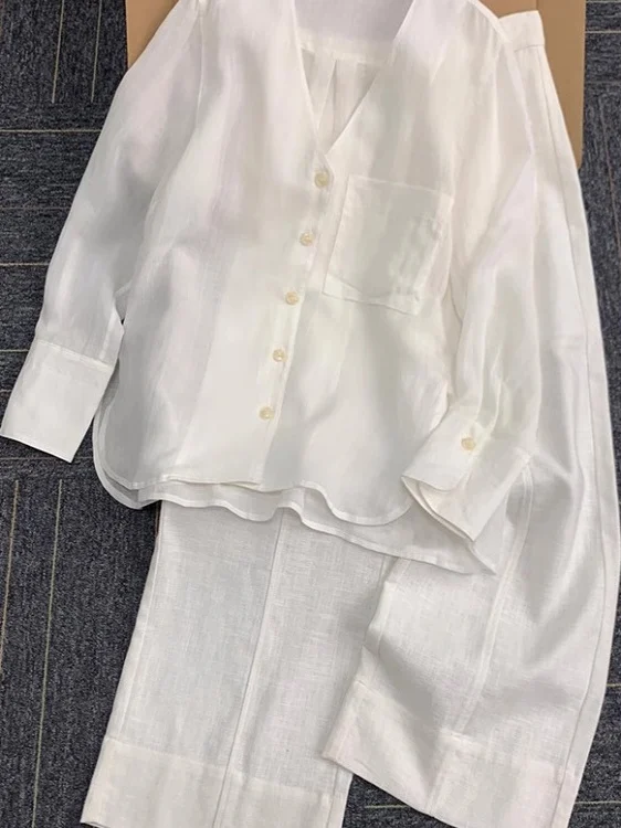 

Chinese Zen Sle White Casual Set Women's Spring Summer 2025 New High-End Wide Leg Pants Two-Piece Set Faionable Ele