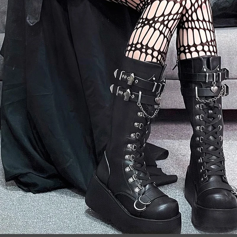 Metalen Gesp Dikke Platform Punk Laarzen Vrouwen 2023 Winter Gothic Dikke Onderkant Knie Hoge Laarzen Vrouw Zwarte Wiggen Cosplay Schoenen