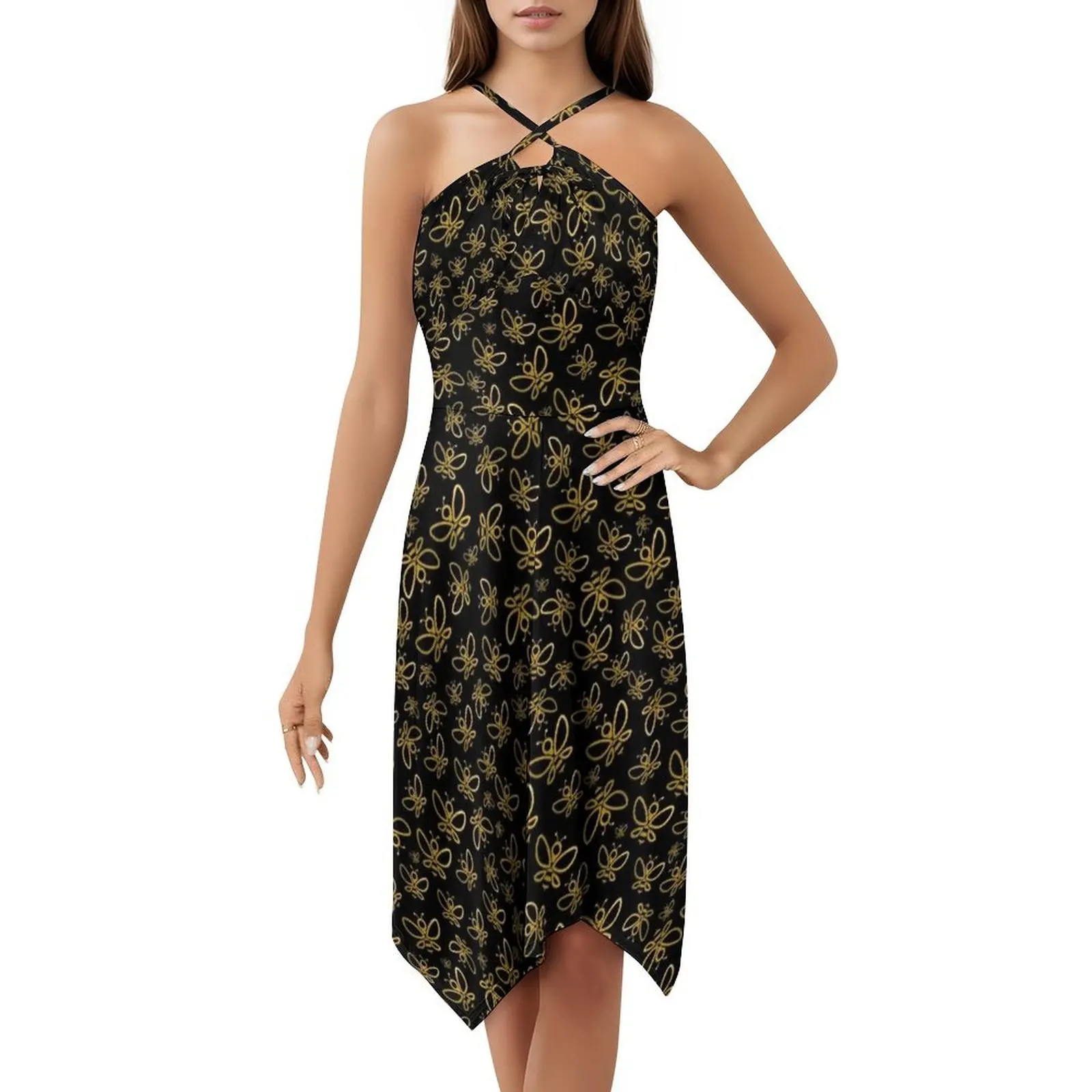 Beecuz quiero vestido bohemio sin mangas con estampado múltiple para vacaciones en la playa vestido de fiesta abejas oro negro Oro vestido elegante para mujer
