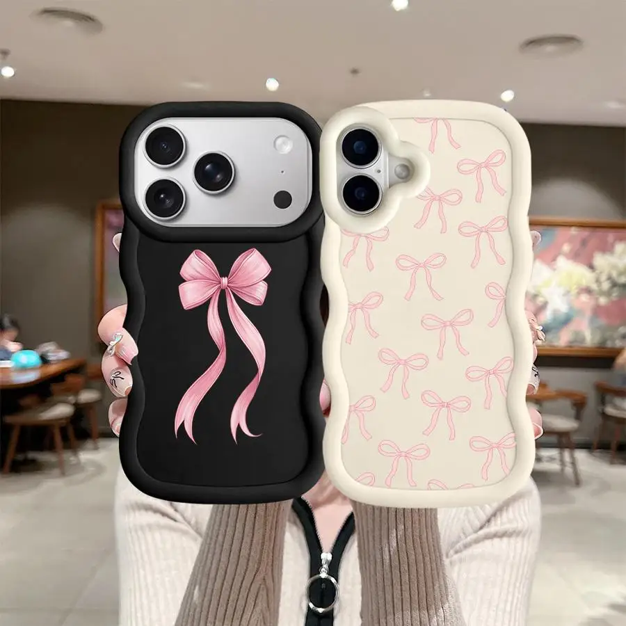 Fashion Pink Bow Case for iPhone XR 16 Pro Max 14 11 15 Plus 8 17 Air 13 12 Soft Phone Cover