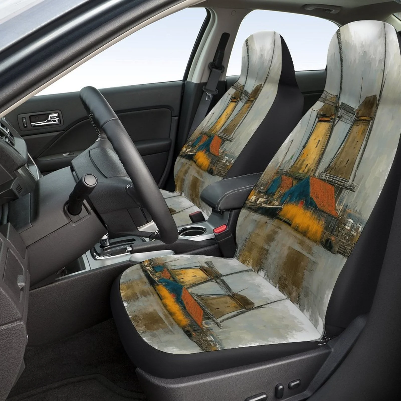 Set Of Car Seat Covers With A Windmill Village Theme, Suitable For Most Vehicles, Stylish And Durable Full Set Of Seat Protector