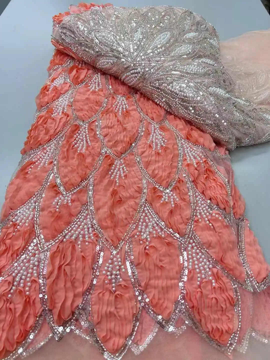 

African Beads 3d Lace Fabric 2025 High Quality French 3D Flower Sequins Embroidery Beads Tulle Lace Fabrics For Party Dresses