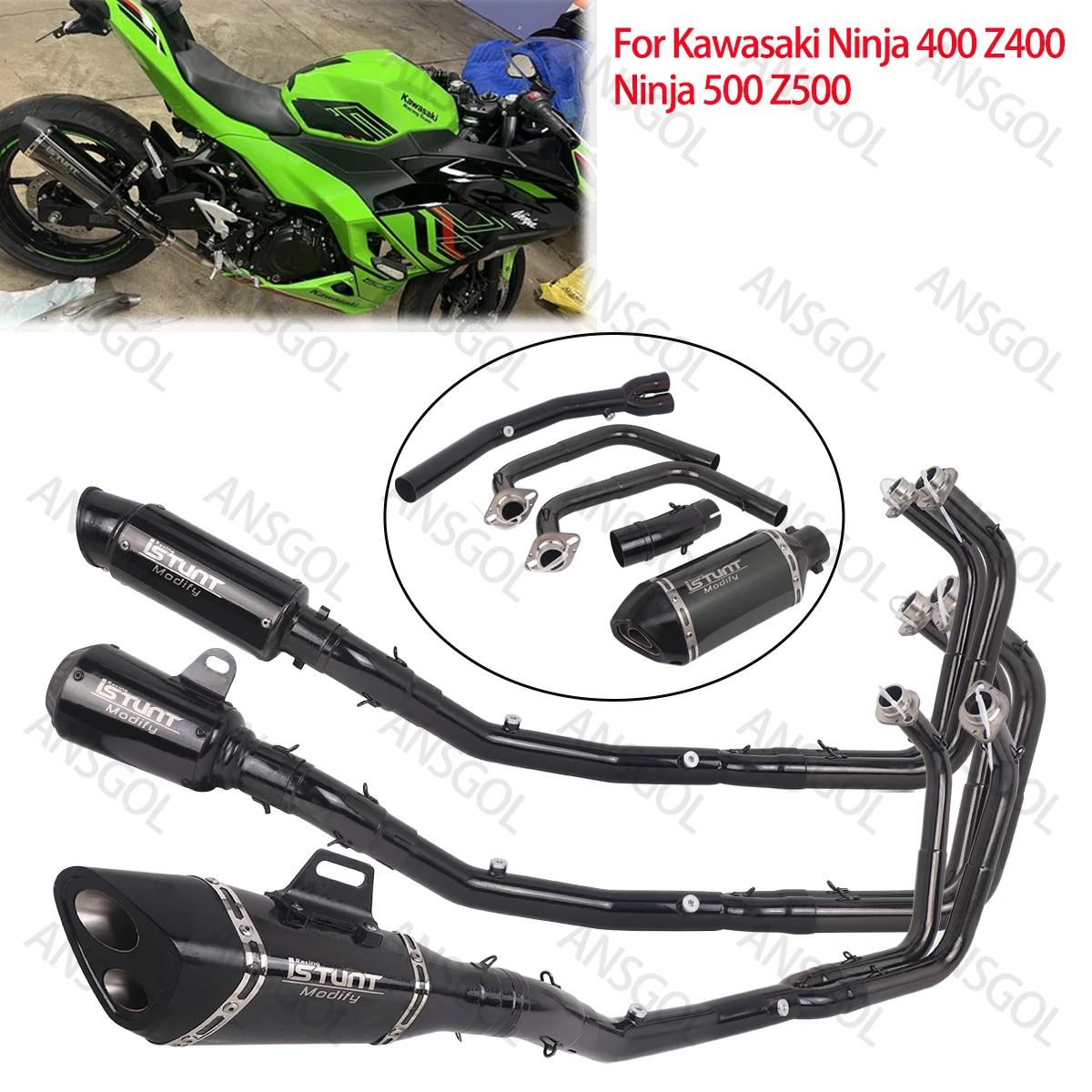 Sistemi completi di fuga Silenziatore di scarico Tubo di collettore Slip on per Kawasaki Ninja 400 Z400 Z500 Ninja 500 2023 2024 2025 Silenziatore Modifica