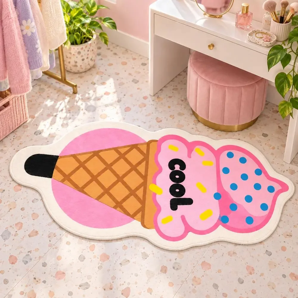 Pink Ice Cream Cone Shaped Area Rug, Soft Flannel Floor Mat for Bedroom, Dressing Room, Living Room, Entryway and Home Decor