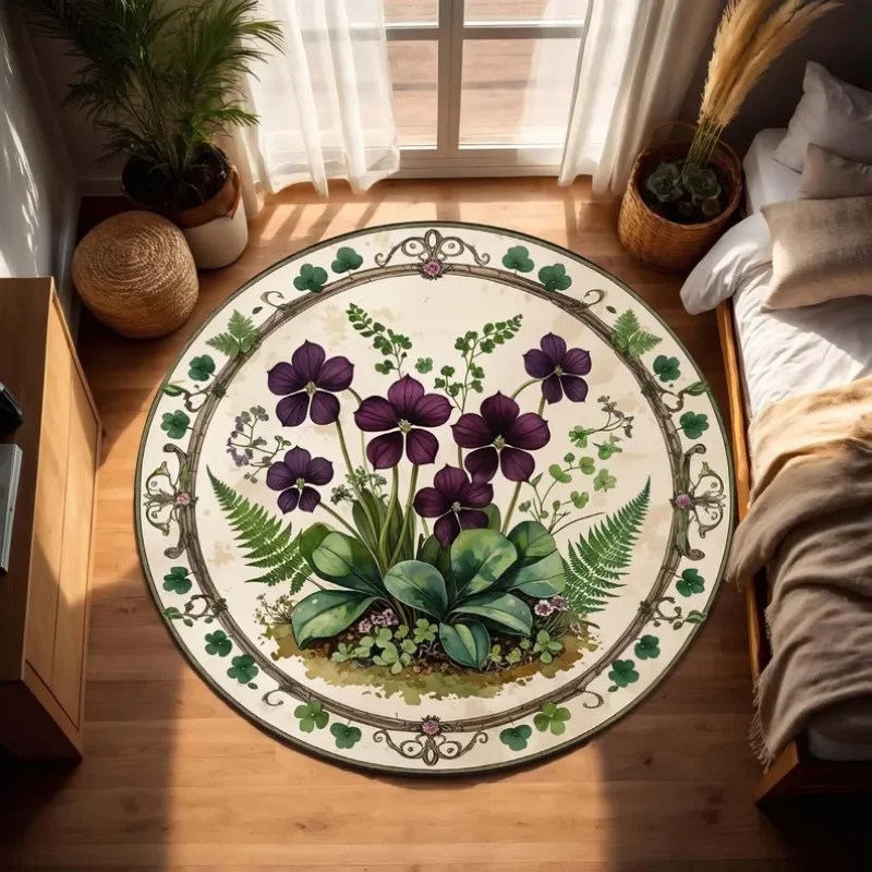 Vintage Purple Violet Fern Floral Round Rug Ornate Frame Botanical Print Non Slip Soft  Carpet Cottage Style Bedroom Decor
