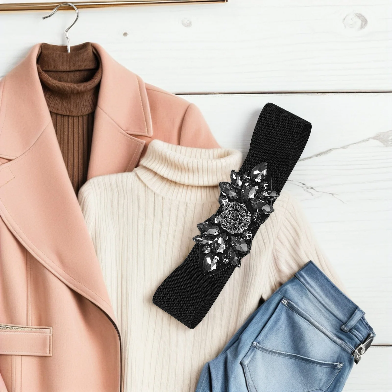 

Elastic Rhinestone Dress Belt Wide Sparkling Waist Cincher for Women Formal Events Wedding Party Outfits Comfortable