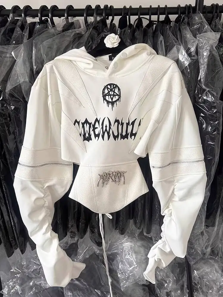 Frauen Crop Hoodies 2026 Frühling Herbst Frauen Viral Dark Stil Hoodie Rückenfreies Korsett Krawatte Nische Slouchy Sleeve Crop Top
