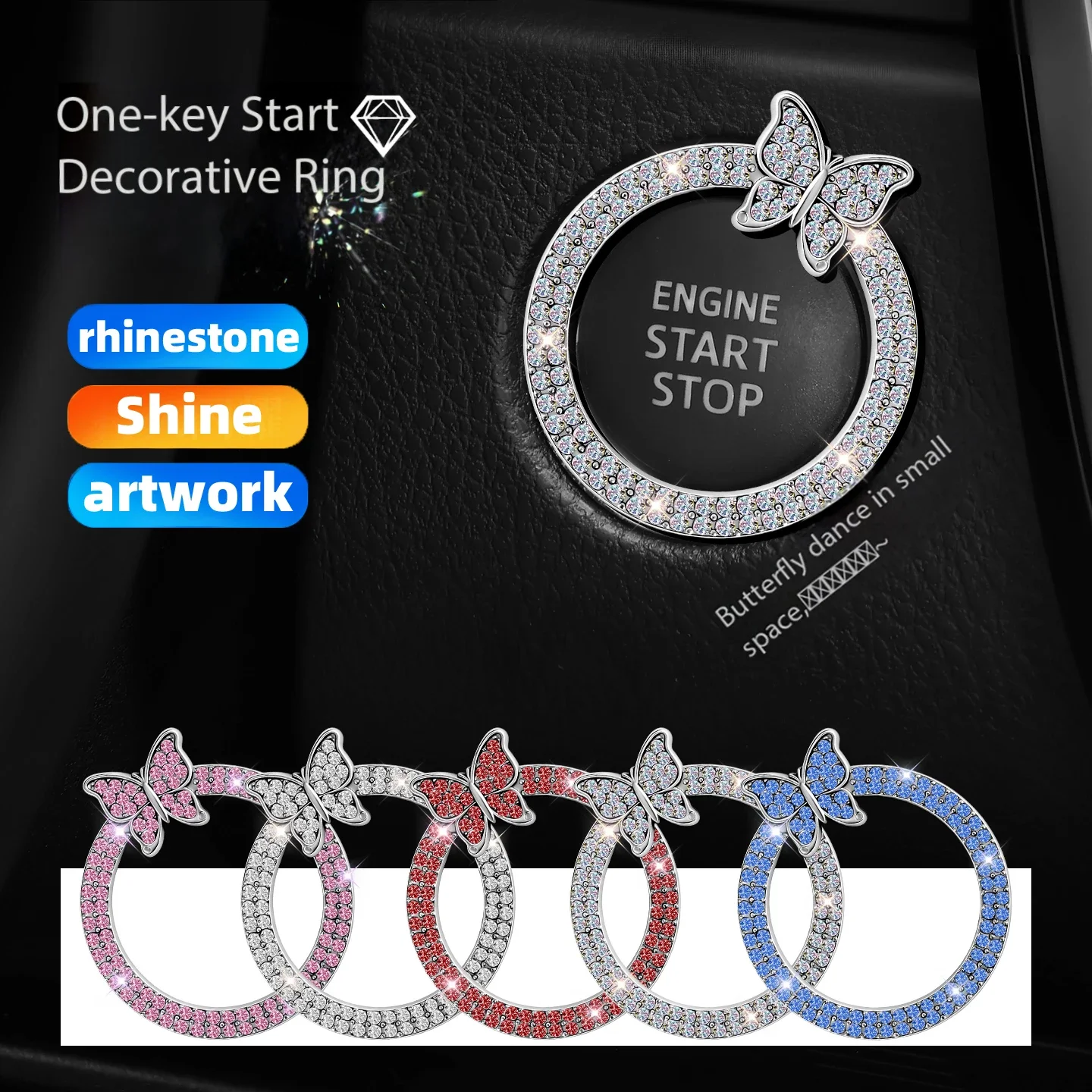 Car One Click Start Decoration Water Diamond Paste Beautiful Inlaid Diamond Interior Ignition Switch Button Protective Cover