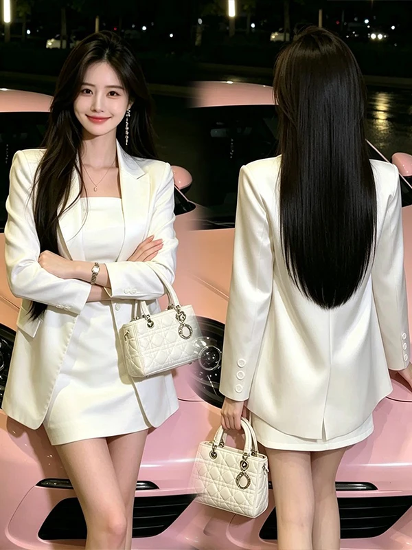 Elegant Two-Piece Suit Set for Women Autumn 2026 Fashion White Strapless Dress High Waist Slim Fit Casual Style Polyester Fiber