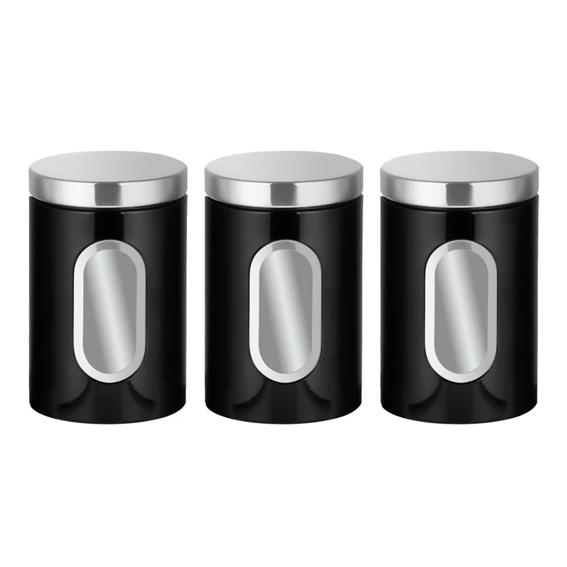 

3 Piece Kitchen Canister Set Black Stainless Steel Suitable For Sugar, Tea, Coffee, Etc -Multi Food Storage Jars