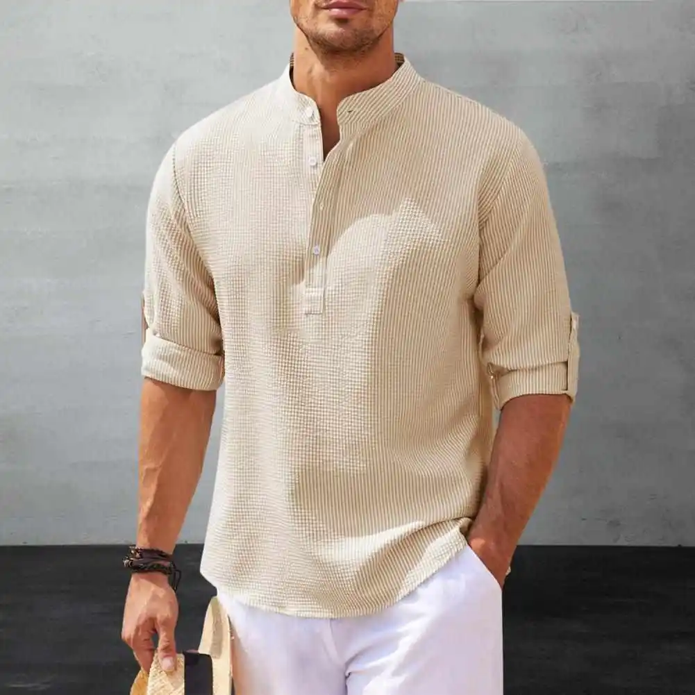 

Long Sve Button up Standing Collar irt Men's Loose Fit Cotton Sun Protection Treaent Breathable Youth Faion Summer S...