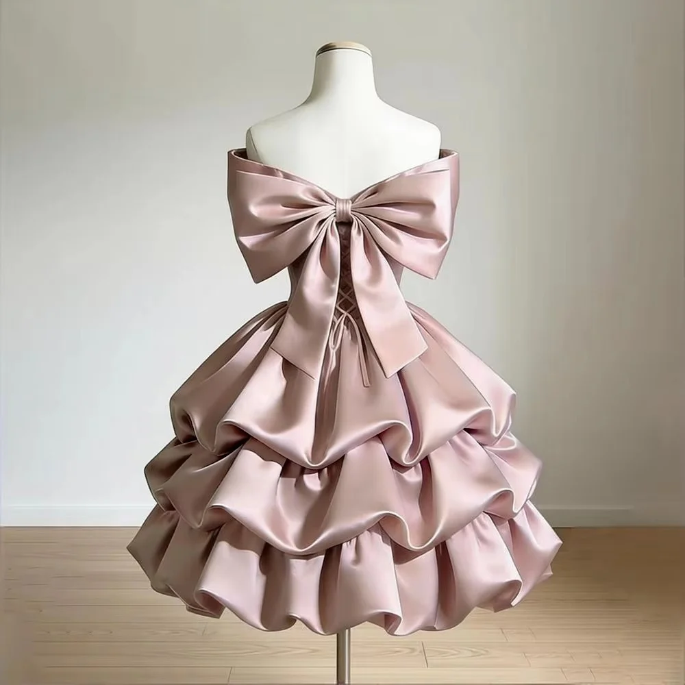 Women Satin Dresses Off The Shoulder Bow Neck Mini Evening Gown Tiered Ruffle Skirt Sweet Birthday Party Dresses