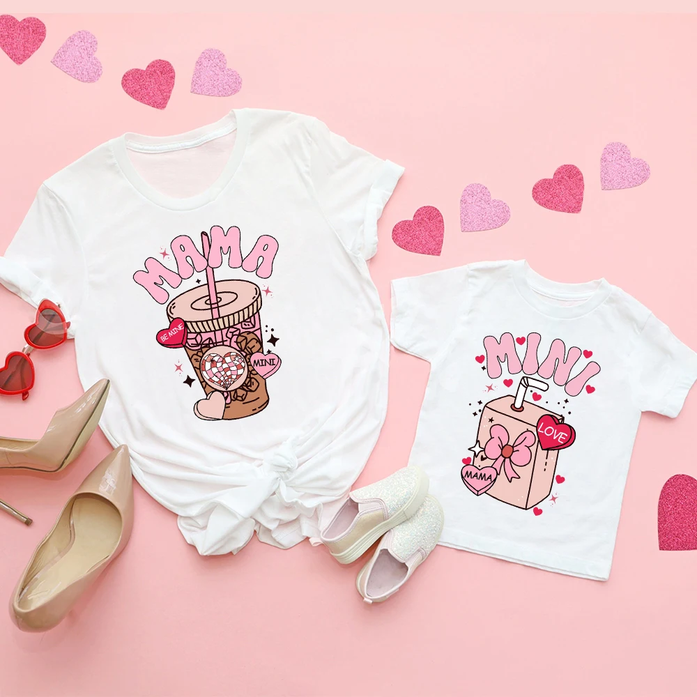 Mama Mini Coffee Milk Print Family Shirts Valentine's Day Mom & Daughter Matching Outfit Valentine T-shirt Mom Girls Clothes Tee