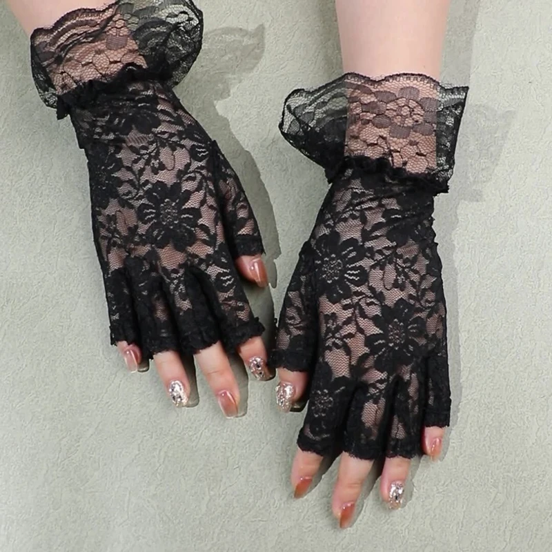 Elegant Short Sheer Floral Ruffle Lace Gloves Women Breathable Thin Sun Protection Half Finger Gloves Driving Mesh Mittens