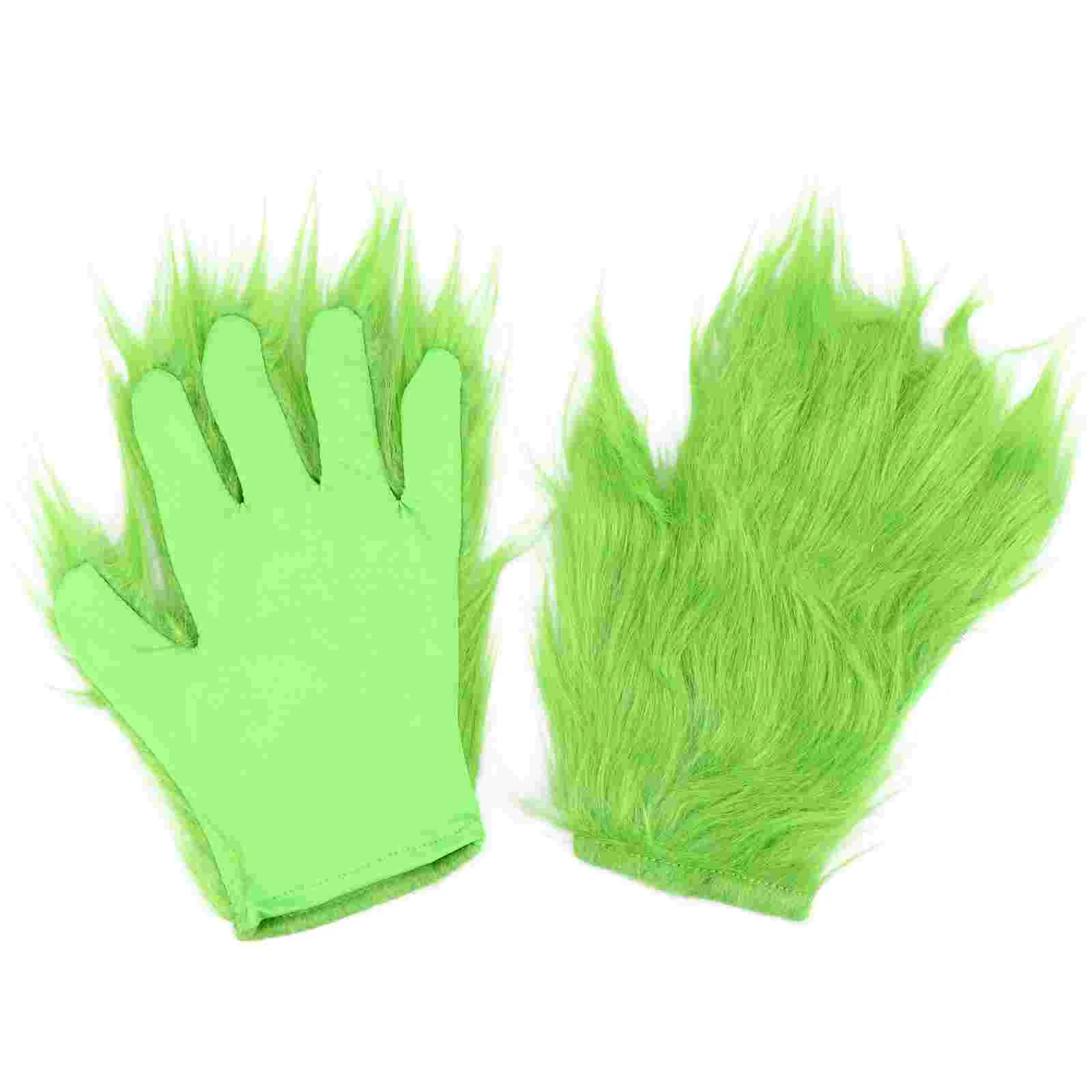 Rhinestone Fishnet Gloves Green Fur Mittens Christmas Cosplay Cloth Child