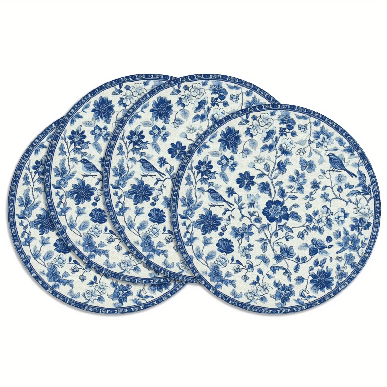 VIKAMA 4PC Mingke Flower and Bird Meal Mat Blue Flower and Bird Dining Table Tea Room Chinese Collection Decoration